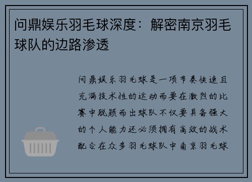 问鼎娱乐羽毛球深度：解密南京羽毛球队的边路渗透